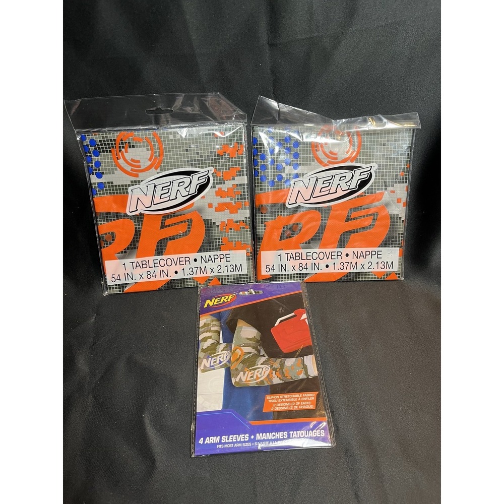 NERF Party Supplies Lot: 2 Plastic Tablecovers & 1 Pack of 4 Arm Sleeves Blaster